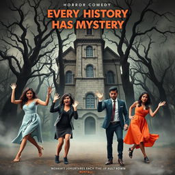 A horror comedy film poster titled 'Every History Has Mystery', featuring two beautiful modern 25-year-old Indian women dressed in stylish western dresses, alongside three handsome well-built 30-year-old Indian men in sharp, tailored outfits