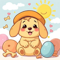 A cute, cartoonish golden retriever character with a round body, wearing a brown beret and a puffy, yellow cushion