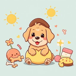 A cute, cartoonish golden retriever character with a round body, wearing a brown beret and a puffy, yellow cushion