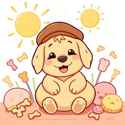 A cute, cartoonish golden retriever character with a round body, wearing a brown beret and a puffy, yellow cushion