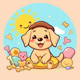 A cute, cartoonish golden retriever character with a round body, wearing a brown beret and a puffy, yellow cushion