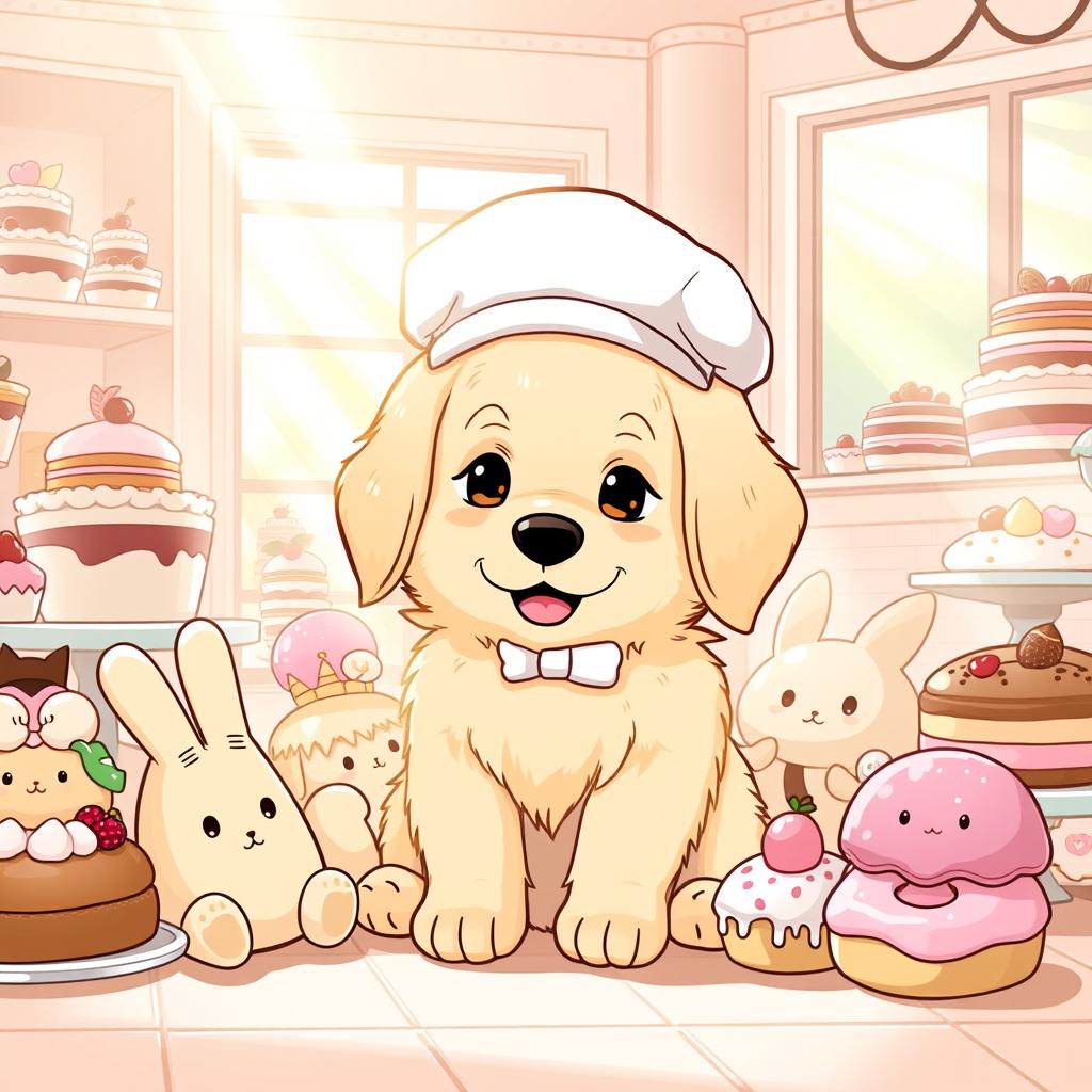 A cute, fluffy golden retriever character inspired by Pompompurin, wearing a stylish baker's hat