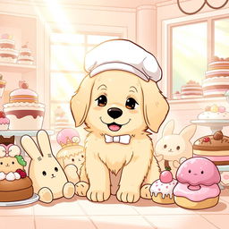 A cute, fluffy golden retriever character inspired by Pompompurin, wearing a stylish baker's hat