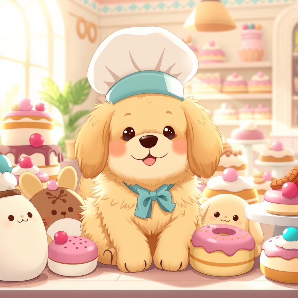 A cute, fluffy golden retriever character inspired by Pompompurin, wearing a stylish baker's hat