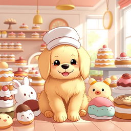 A cute, fluffy golden retriever character inspired by Pompompurin, wearing a stylish baker's hat