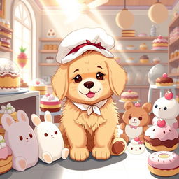 A cute, fluffy golden retriever character inspired by Pompompurin, wearing a stylish baker's hat