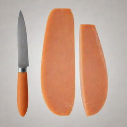 Generate a detailed cross-sectional diagram showing both sides of a knife in contact with a carrot during slicing. The sides of the knife that are in contact with the carrot should be shaded to emphasise the area of contact.