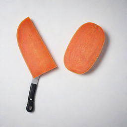 Generate a detailed cross-sectional diagram showing both sides of a knife in contact with a carrot during slicing. The sides of the knife that are in contact with the carrot should be shaded to emphasise the area of contact.