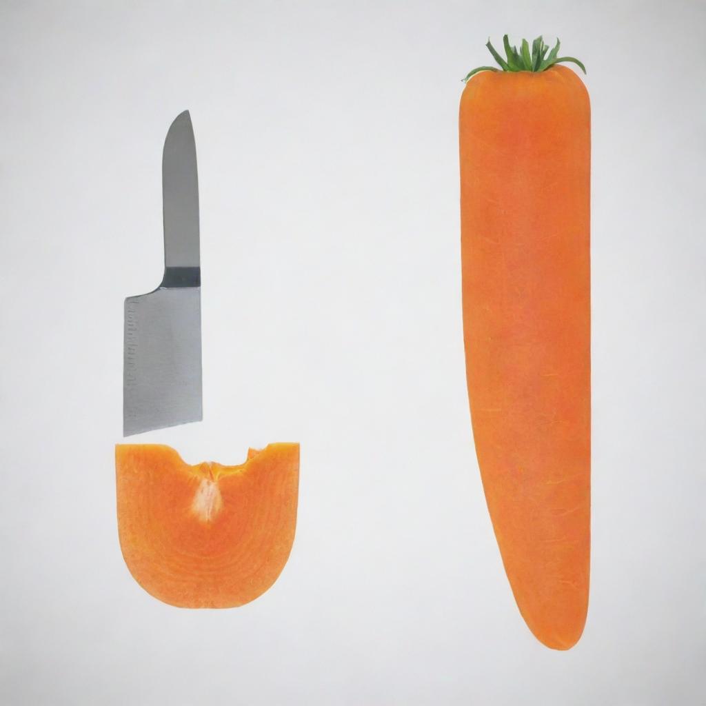 Generate a detailed cross-sectional diagram showing both sides of a knife in contact with a carrot during slicing. The sides of the knife that are in contact with the carrot should be shaded to emphasise the area of contact.