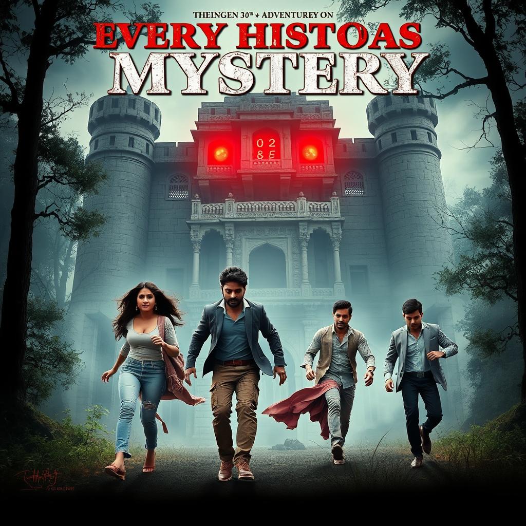 A dynamic and captivating film poster depicting a dangerous horror adventure scene titled 'Every History Has Mystery'