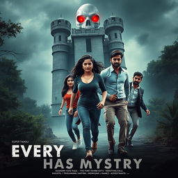 A dynamic and captivating film poster depicting a dangerous horror adventure scene titled 'Every History Has Mystery'