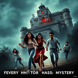 A dynamic and captivating film poster depicting a dangerous horror adventure scene titled 'Every History Has Mystery'