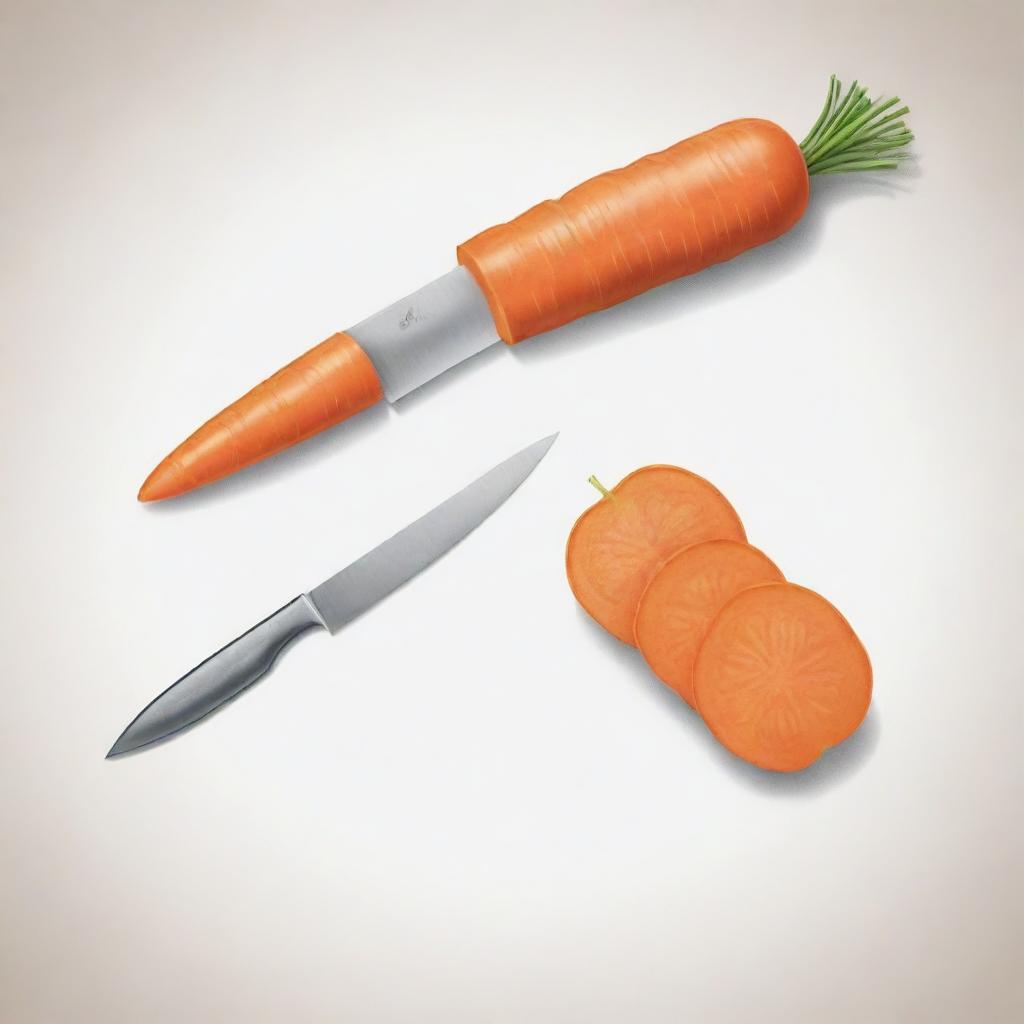 Draw a detailed illustration where both sides of a knife are in contact, and shaded, as it slices through a carrot.