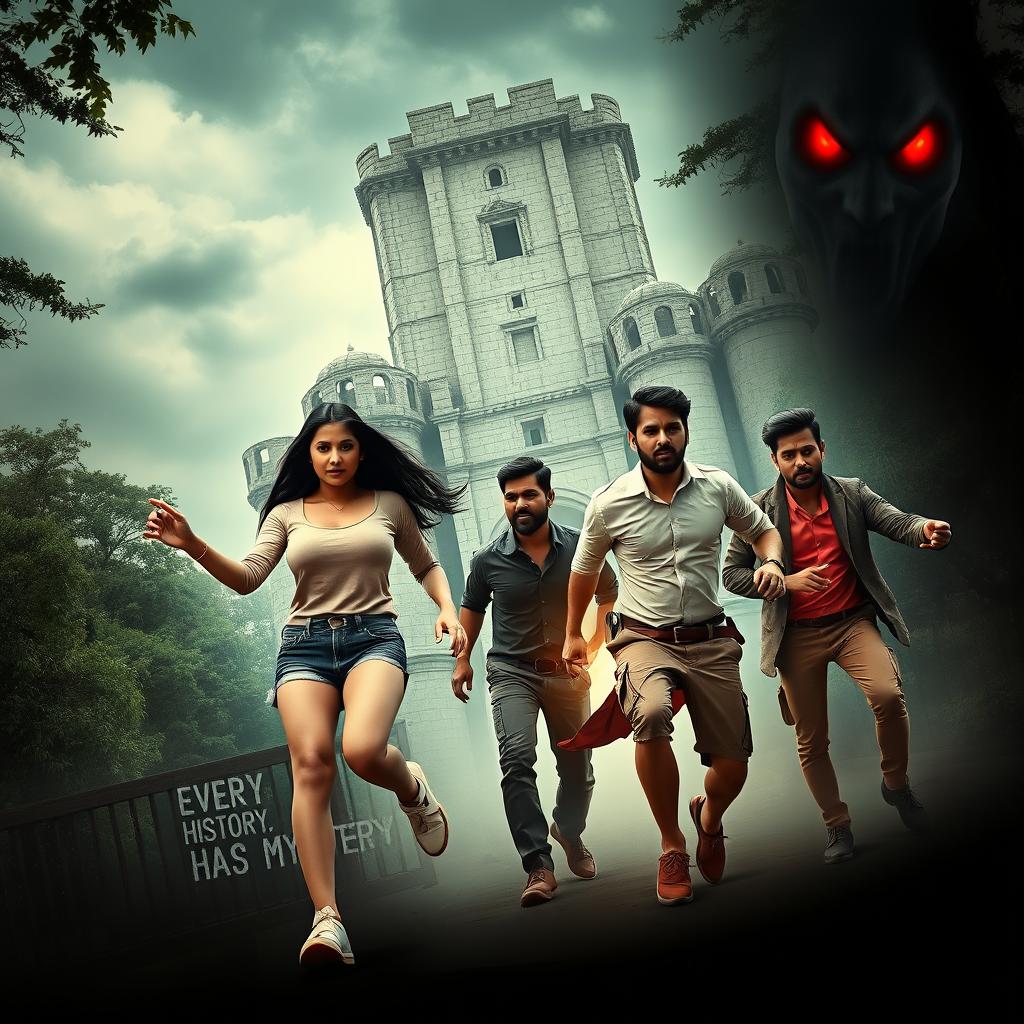 A thrilling horror adventure film poster titled 'Every History Has Mystery' featuring two beautiful modern Indian women and three handsome Indian men