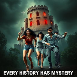 A thrilling horror adventure film poster titled 'Every History Has Mystery' featuring two beautiful modern Indian women and three handsome Indian men