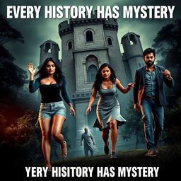 A thrilling horror adventure film poster titled 'Every History Has Mystery' featuring two beautiful modern Indian women and three handsome Indian men