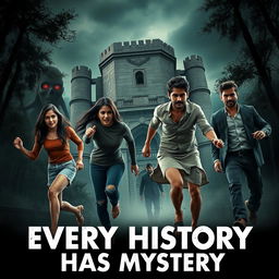 A thrilling horror adventure film poster titled 'Every History Has Mystery' featuring two beautiful modern Indian women and three handsome Indian men