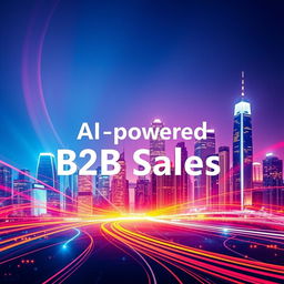 An ebook cover design for a book titled 'AI-powered B2B Sales: Insights, Strategy and Solutions', featuring a vibrant and abstract representation of a city skyline