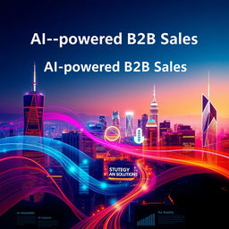 An ebook cover design for a book titled 'AI-powered B2B Sales: Insights, Strategy and Solutions', featuring a vibrant and abstract representation of a city skyline