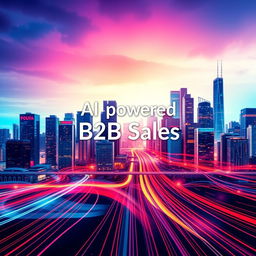 An ebook cover design for a book titled 'AI-powered B2B Sales: Insights, Strategy and Solutions', featuring a vibrant and abstract representation of a city skyline