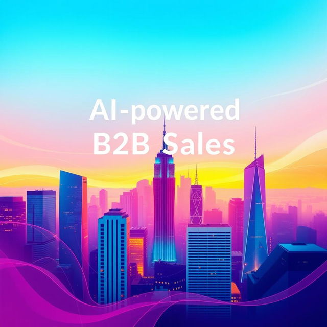 An ebook cover design for a book titled 'AI-powered B2B Sales: Insights, Strategy and Solutions', featuring a vibrant and abstract representation of a city skyline