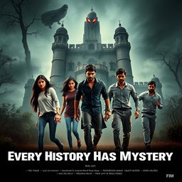 A dynamic horror adventure film poster titled 'Every History Has Mystery'