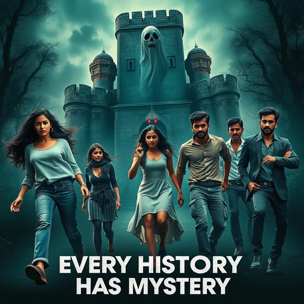 A dynamic horror adventure film poster titled 'Every History Has Mystery'