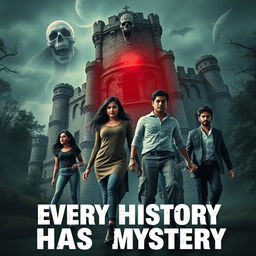 A dynamic horror adventure film poster titled 'Every History Has Mystery'