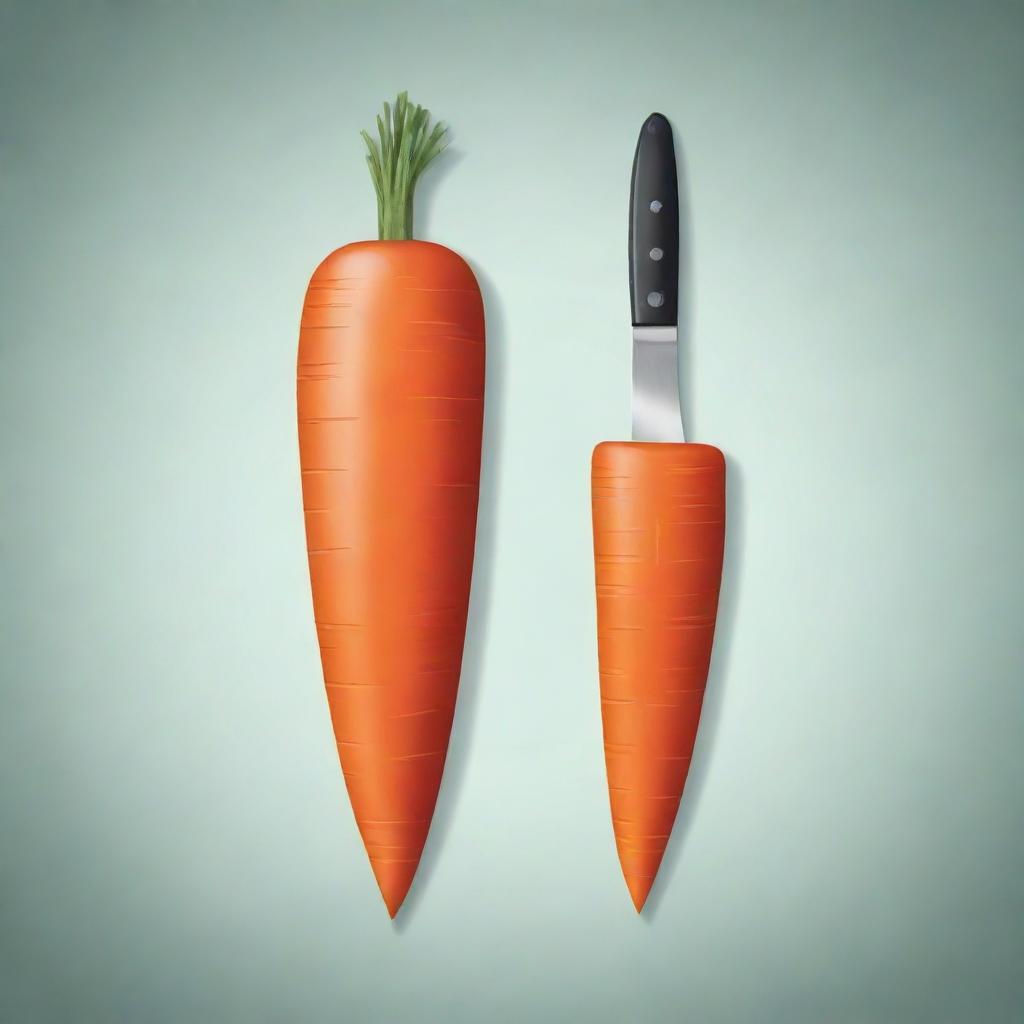 Draw a detailed illustration where both sides of a knife are in contact, and shaded, as it slices through a carrot.