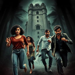 A thrilling and suspenseful film poster for "Every History Has Mystery" featuring two beautiful modern Indian women and three handsome Indian men in a dangerous escape scene