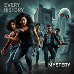 A thrilling and suspenseful film poster for "Every History Has Mystery" featuring two beautiful modern Indian women and three handsome Indian men in a dangerous escape scene