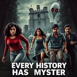 A thrilling and suspenseful film poster for "Every History Has Mystery" featuring two beautiful modern Indian women and three handsome Indian men in a dangerous escape scene