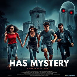 A thrilling film poster for "Every History Has Mystery" showcasing two beautiful modern Indian women and three handsome Indian men in a dramatic escape scene