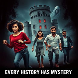 A thrilling film poster for "Every History Has Mystery" showcasing two beautiful modern Indian women and three handsome Indian men in a dramatic escape scene