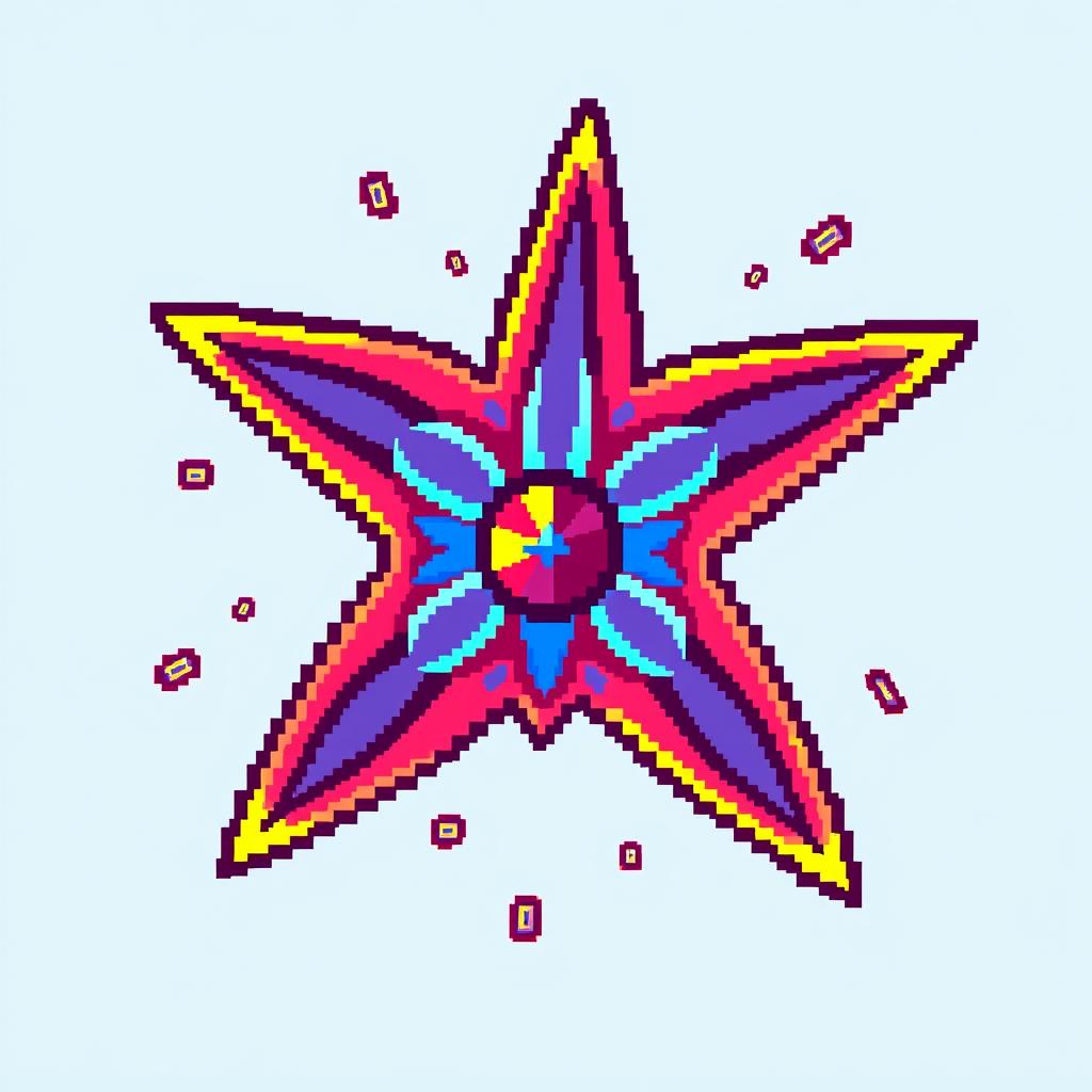 A vibrant pixel art representation of a shuriken, showcasing its traditional star shape with sharp edges