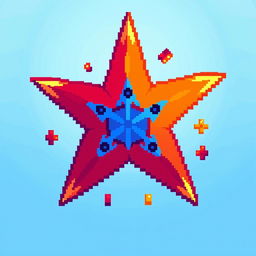 A vibrant pixel art representation of a shuriken, showcasing its traditional star shape with sharp edges