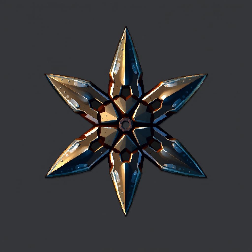 A realistic pixel art representation of a shuriken, featuring intricate details and textures that capture its metallic surface