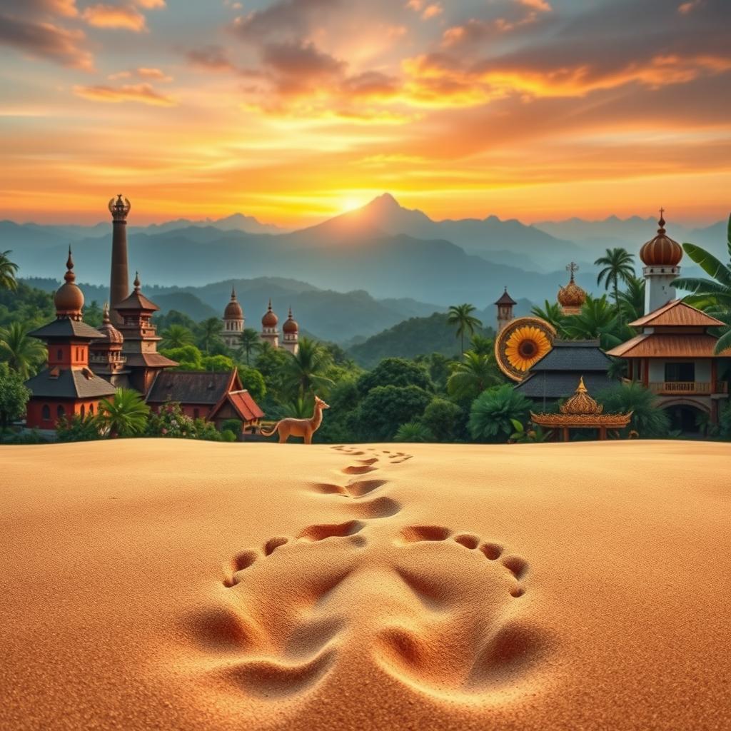 A captivating scene portraying the concept of 'Footprints in a Foreign Land', featuring a beautiful landscape that blends diverse cultures