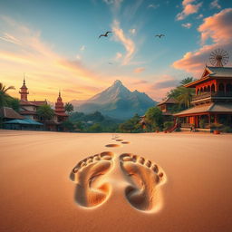 A captivating scene portraying the concept of 'Footprints in a Foreign Land', featuring a beautiful landscape that blends diverse cultures