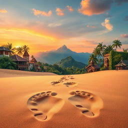 A captivating scene portraying the concept of 'Footprints in a Foreign Land', featuring a beautiful landscape that blends diverse cultures