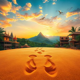 A captivating scene portraying the concept of 'Footprints in a Foreign Land', featuring a beautiful landscape that blends diverse cultures