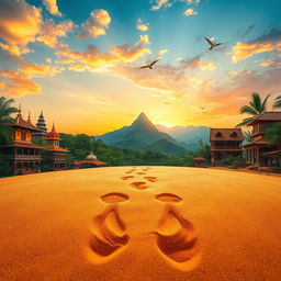 A captivating scene portraying the concept of 'Footprints in a Foreign Land', featuring a beautiful landscape that blends diverse cultures