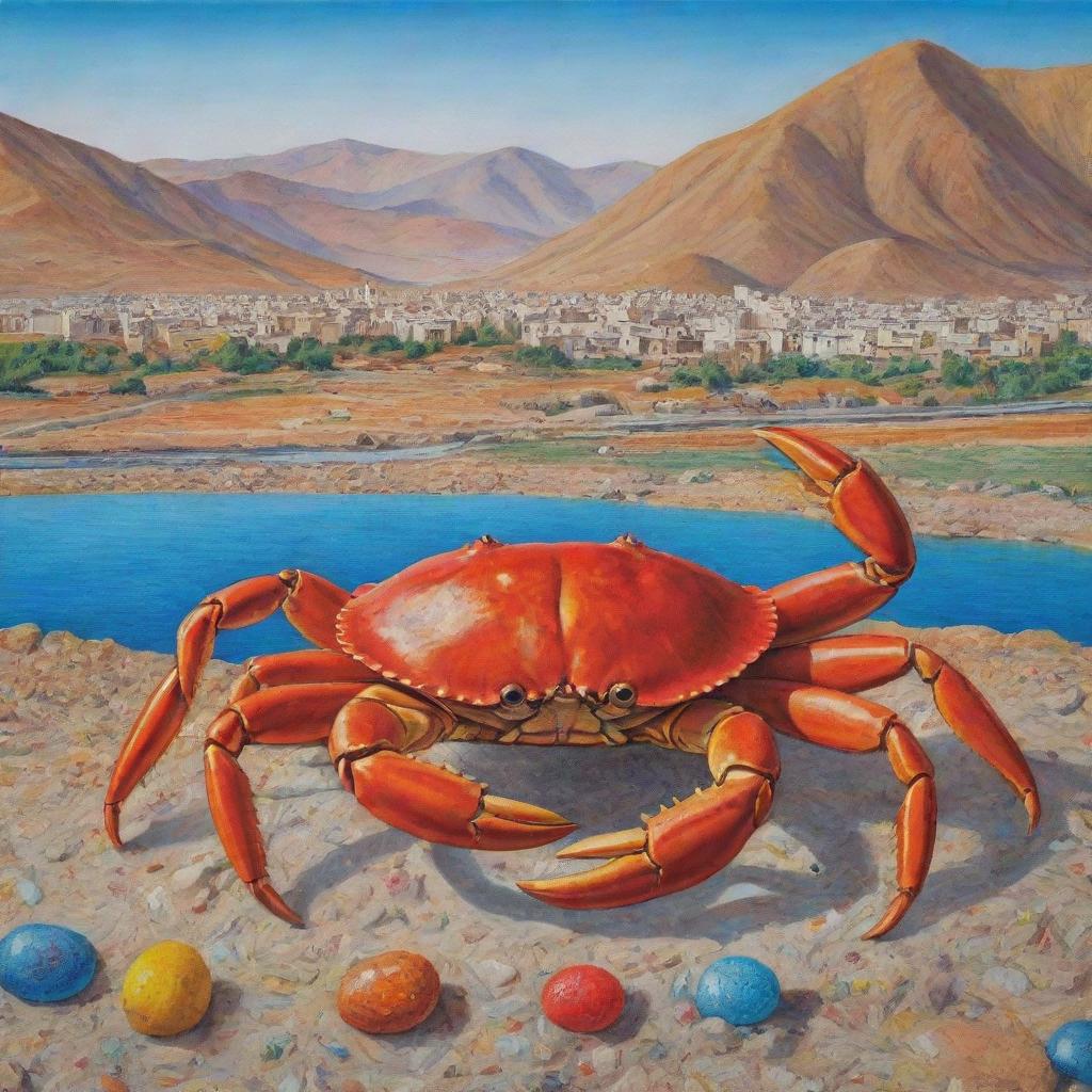 A detailed and colorful image of a crab in an Iranian landscape, evoking the local culture and scenery