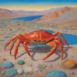 A detailed and colorful image of a crab in an Iranian landscape, evoking the local culture and scenery