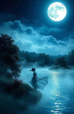 A beautiful and mysterious scene depicting a moonlit night, with a full moon shining brightly in a starry sky