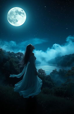 A beautiful and mysterious scene depicting a moonlit night, with a full moon shining brightly in a starry sky