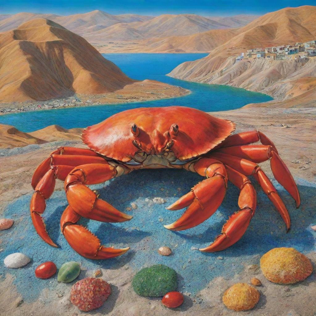 A detailed and colorful image of a crab in an Iranian landscape, evoking the local culture and scenery