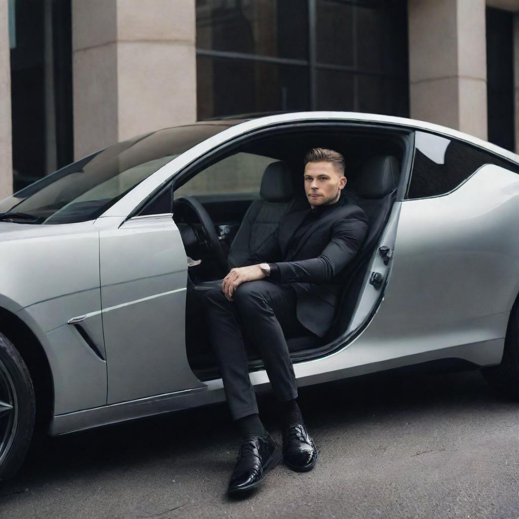 Create an image of a sleek, modern car with a stylish person sitting in the driver's seat. They should appear confident and the scene should evoke a sense of luxury and speed.