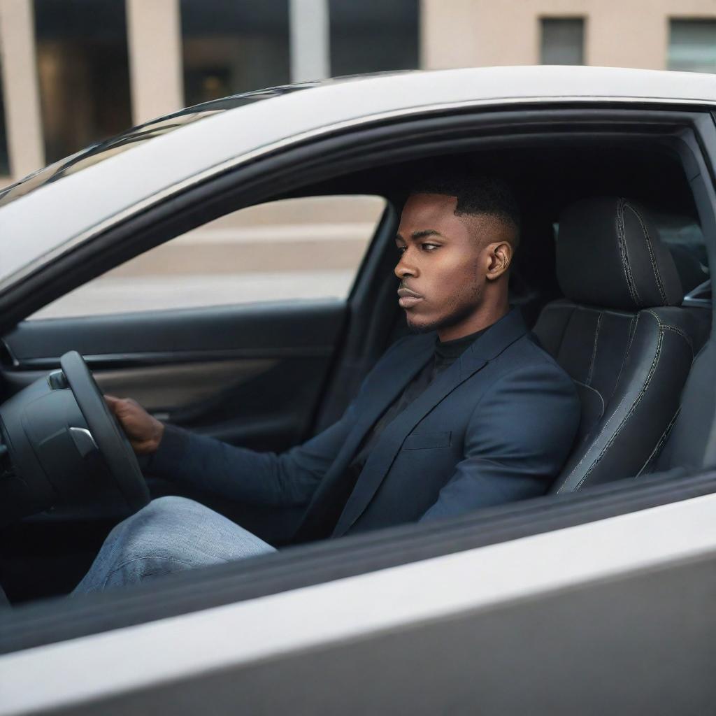 Create an image of a sleek, modern car with a stylish person sitting in the driver's seat. They should appear confident and the scene should evoke a sense of luxury and speed.