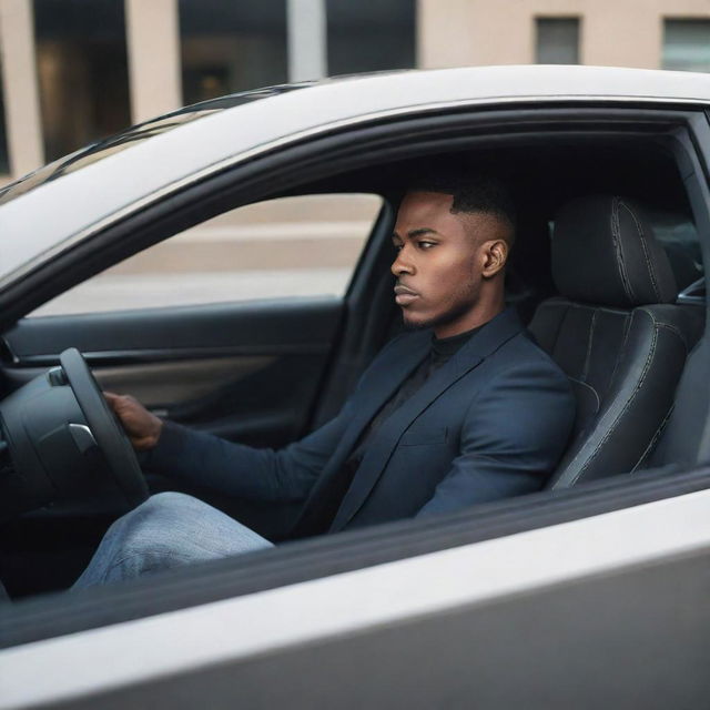 Create an image of a sleek, modern car with a stylish person sitting in the driver's seat. They should appear confident and the scene should evoke a sense of luxury and speed.